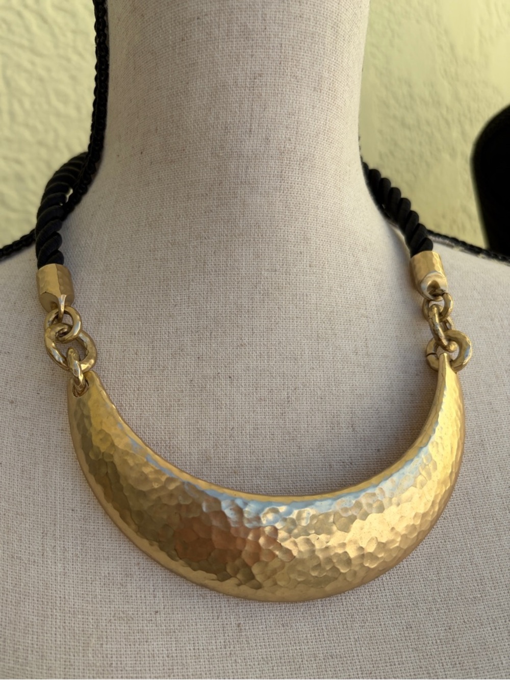 Chico's Hammered Gold Crescent Pendant on Black Rope